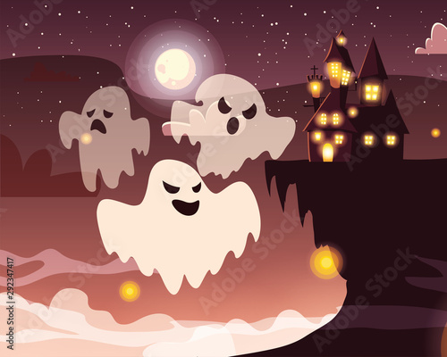 ghost with moon in scene of halloween