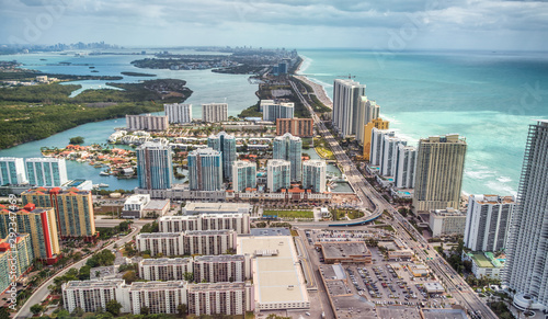 Helicopter aerial view of Miami Beach and city islands