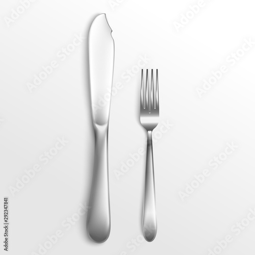 Cutlery set of silver fork and knife laying 3d vector illustration isolated.