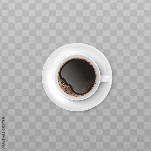 White cup of black coffee with realistic foam froth seen from top view