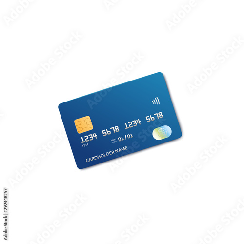 Realistic blue plastic bank card isolated on white background