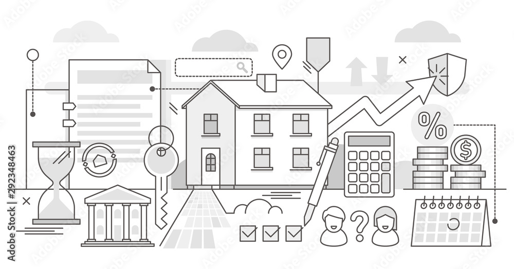 Mortgage vector illustration outline concept. Estate purchase banking process.