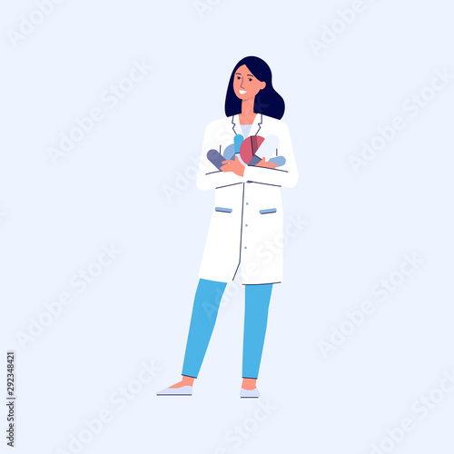 Cartoon pharmacist woman holding big pile of pills - isolated female doctor