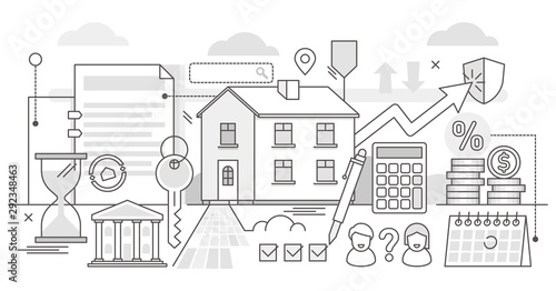 Mortgage vector illustration outline concept. Estate purchase banking process. © VectorMine