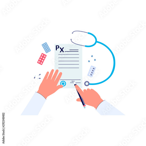 Doctor hands signing medical prescription form - flat isolated vector illustration