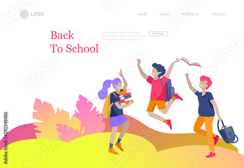Landing page template with Happy school children joyfully jumping and laughing. Concept of happiness, gladness and fun. Vector illustration for banner