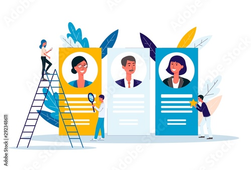 Recruiting agency with cartoon people providing resume flat vector illustration.