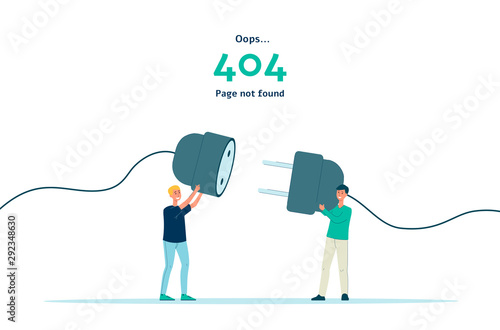 404 error - page not found isolated banner. People holding unplugged socket plug