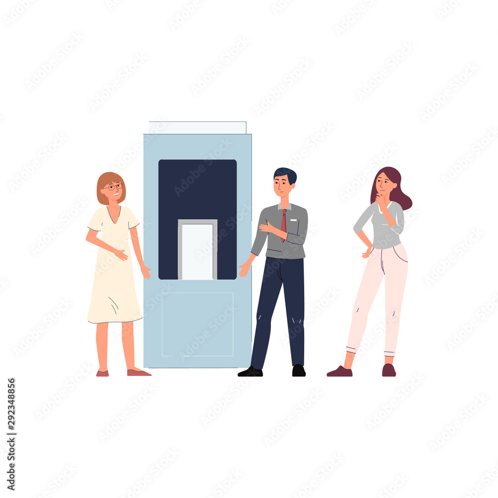 Customers and vendor near exhibition stand flat vector illustration isolated. Customers and vendor near exhibition stand flat vector illustration isolated.