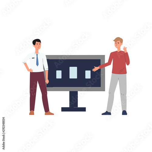 Expo centre customer and vendor near demo stand flat vector illustration isolated.