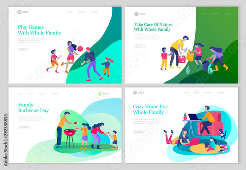 Collection of family activities. Mother, father and children sunbathing, swimming, hiking, traveling, preparing barbecue together. Cartoon vector