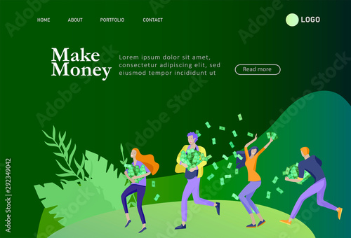 Landing page template Happy people with money, characters in move make money. Business investment, money rain, men and woman run with profit, catch bills. Cartoon style, flat vector