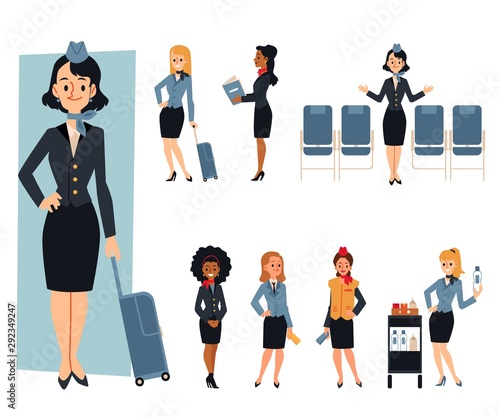 Air hostess or stewardess welcomes passengers flat vector illustration isolated.