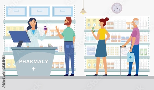 Modern interior pharmacy or drugstore with male pharmacist at the counter. Medicine pills capsules bottles vitamins and tablets. vector illustration in flat style