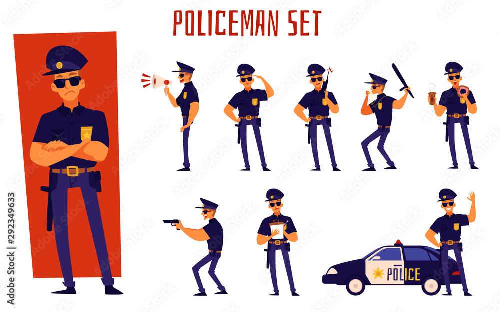 Naklejka premium Cartoon policeman set - man in police uniform standing in different poses.