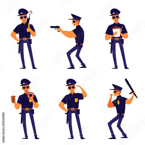 Cartoon policeman pose set - isolated man in police uniform during duty