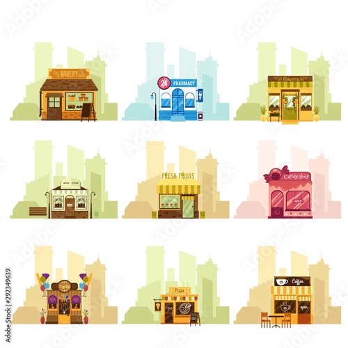 Shop building facade set - cartoon exterior collection of bakery, pharmacy, etc.