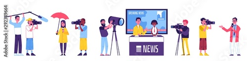 News TV program crew - isolated cartoon people with video and sound equipment