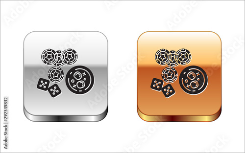 Black Casino chips, game dice and glass of whiskey with ice cubes icon isolated on white background. Casino poker. Silver-gold square button. Vector Illustration