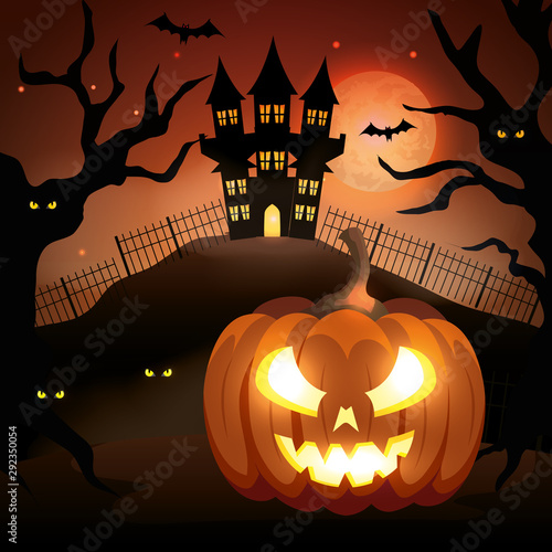 halloween pumpkin with haunted castle in dark night