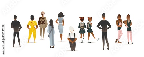 Cartoon people standing seen from back view - isolated set on white background.