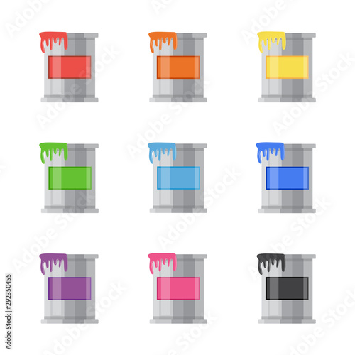 Set of colorful metal cans and buckets with paint, a palette of colors.