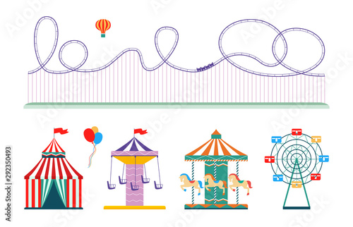 Amusement park attraction set - flat isolated rollercoaster, circus tent, etc.
