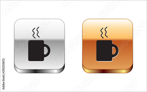 Black Coffee cup icon isolated on white background. Tea cup. Hot drink coffee. Silver-gold square button. Vector Illustration