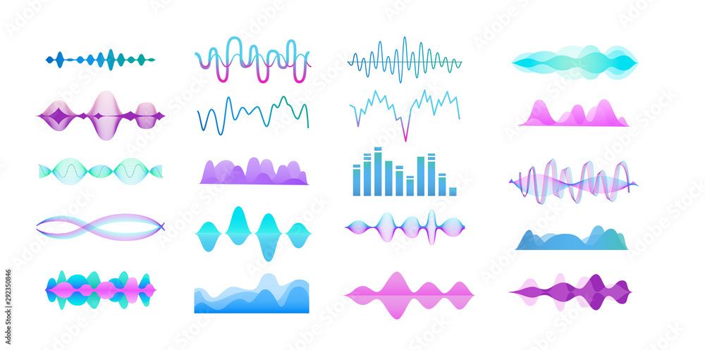 Music sound amplitude neon waves set of vector illustrations isolated on white. Music sound amplitude neon waves set of vector illustrations isolated on white.