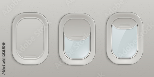 Airplane window or plane portholes insight view 3d realistic vector illustration.