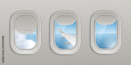 Flying airplane windows or portholes with look at sky 3d vector illustration.