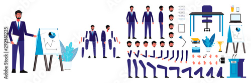 Set of figures and body, head and arms, legs and faces of a male ceo businessman for animation.