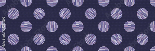 polka dot melange seamless border pattern. Modern geometric wax batik style circles. Bold spliced streaks of gradient dye striped dotty spot. Bleach resist blended texture geo effect. Ribbon trim