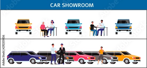 Car showroom - flat cartoon set of cars and people in automobile dealership