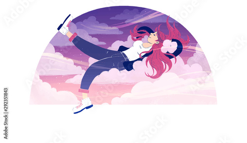 Romantic girl with red long hair flying through the sunset sky, cartoon. Artwork. Abstract cute woman relaxing and sleeping on the clouds.