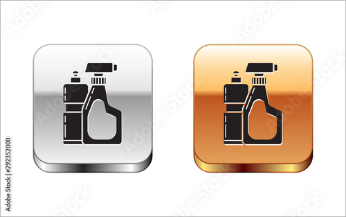 Black Plastic bottles for liquid laundry detergent, bleach, dishwashing liquid or another cleaning agent icon isolated on white background. Silver-gold square button. Vector Illustration