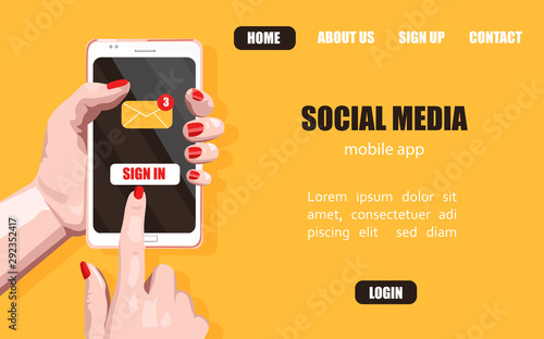 Woman hands with red nails clicking on sign in button. Social Media site banner vector. Yellow background