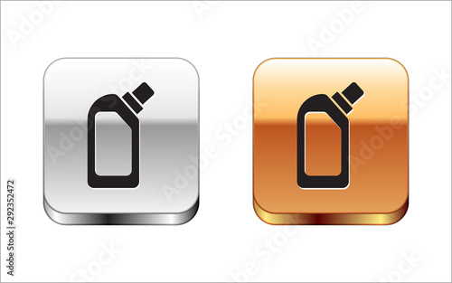 Black Plastic bottle for liquid laundry detergent, bleach, dishwashing liquid or another cleaning agent icon isolated on white background. Silver-gold square button. Vector Illustration
