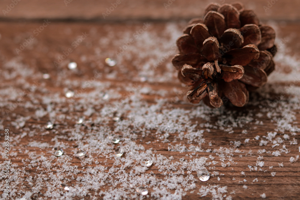 pine cones on a wooden table with snow