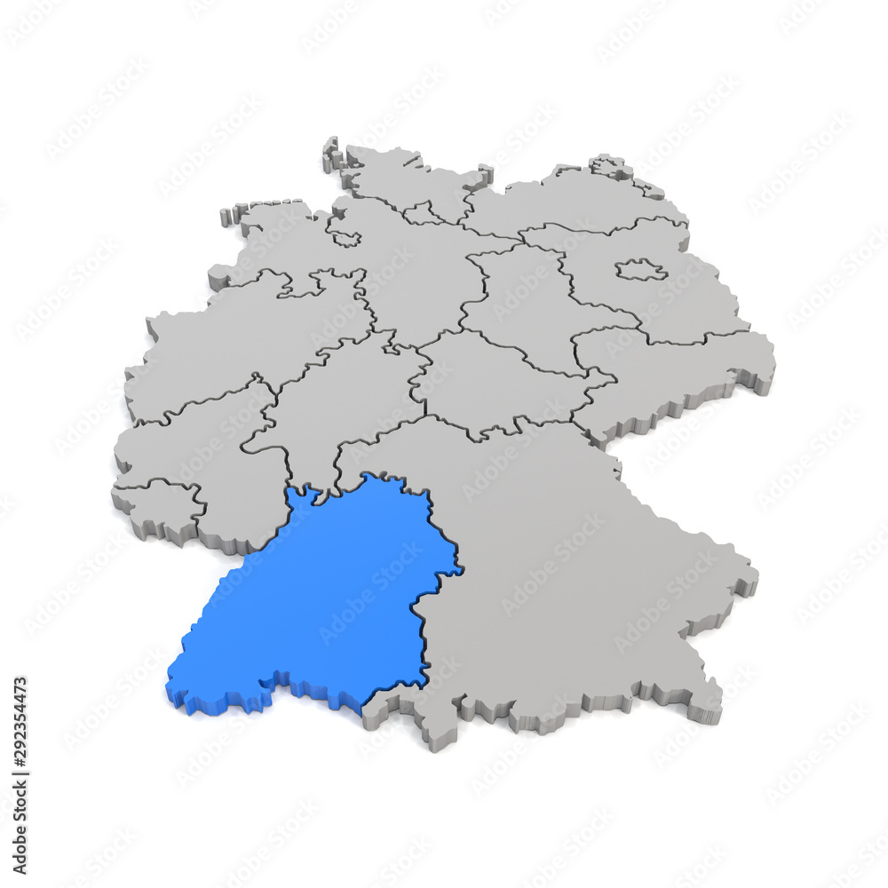 3d Illustation - Deutschlandkarte in grau mit Fokus auf Baden-Württemberg in blau - 16 Bundesländer