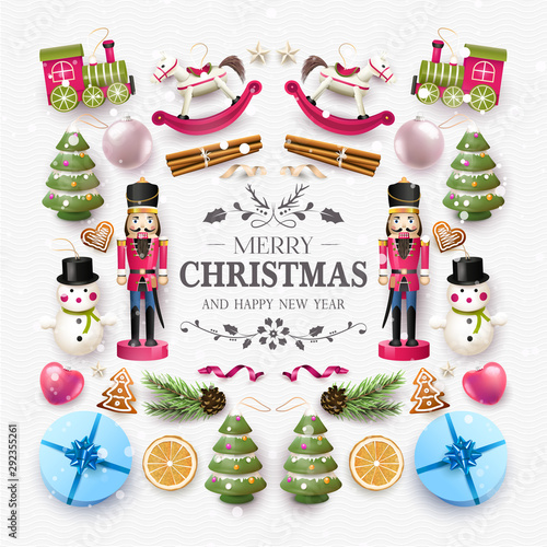 Christmas composition with wooden toys and decorations.