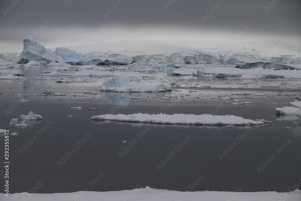 malownicze kry i góry lodowe na spokojnym morzu w pochmurny dzień - obrazy, fototapety, plakaty 