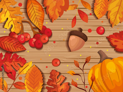 leafs autumn in background wooden with nuts fruits