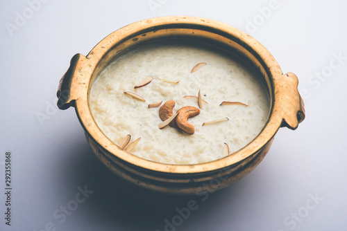 Rice Kheer or Firni or Khir is a pudding from Indian subcontinent, made by boiling milk ,sugar and Rice. Served in a bowl photo