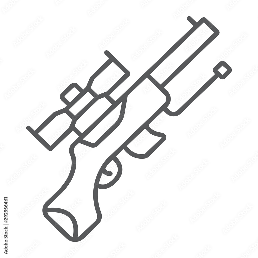 Sniper gun thin line icon, weapon and military, automatic machine sign, vector graphics, a linear pattern on a white background. Sniper gun thin line icon, weapon and military, automatic machine sign, vector graphics, a linear pattern on a white background.