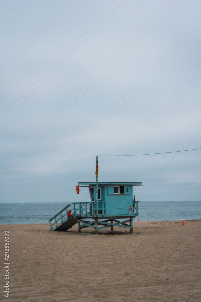 The beautiful blue lifeguard house on the coast of Malibu, California. United States The beautiful blue lifeguard house on the coast of Malibu, California. United States
