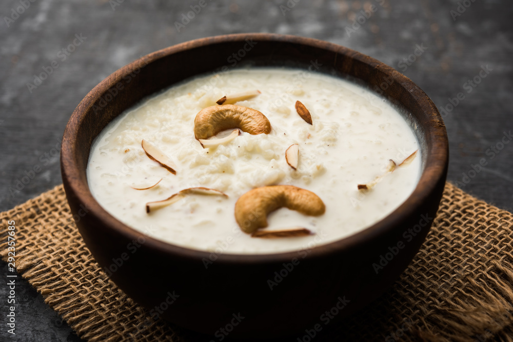Rice Kheer or Firni or Chawal ki Khir is a pudding from Indian subcontinent, made by boiling milk ,sugar and Rice. Served in a bowl Rice Kheer or Firni or Chawal ki Khir is a pudding from Indian subcontinent, made by boiling milk ,sugar and Rice. Served in a bowl