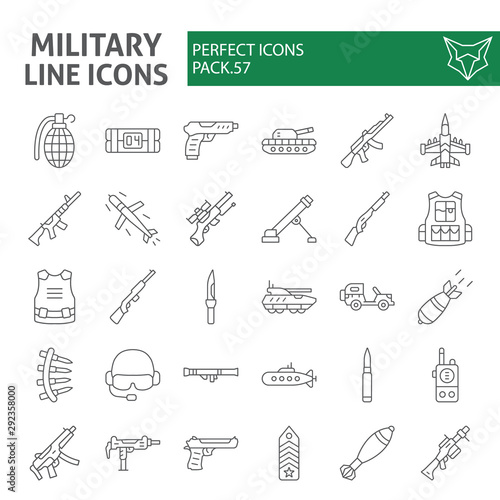 Military thin line icon set, war and army symbols collection, vector sketches, logo illustrations, weapon signs linear pictograms package isolated on white background.