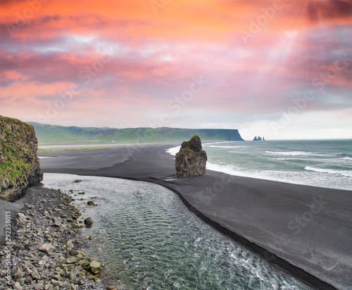 Reynisfjara Black Beach on a cloudy summer morning, Iceland