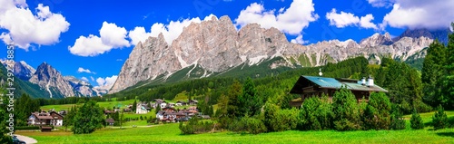 Breathtaking Alpine scenery  Dolomite mountains. beautiful Cortina d Ampezzo village  famous tourist destination in northen Italy